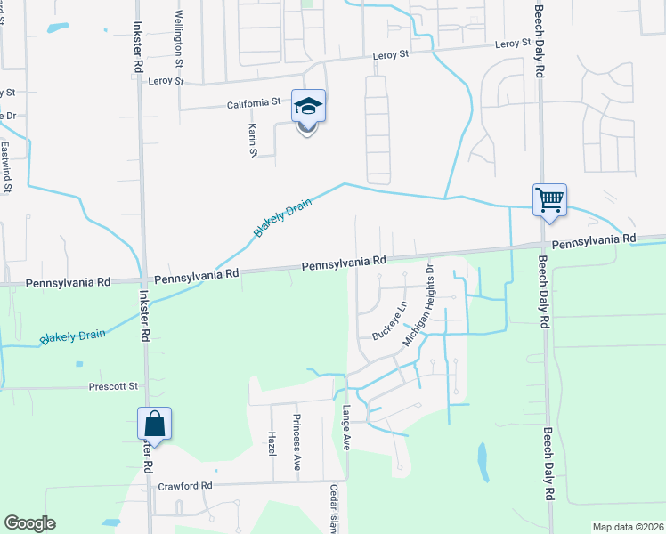 map of restaurants, bars, coffee shops, grocery stores, and more near 26701 Pennsylvania Road in Brownstown Charter Township