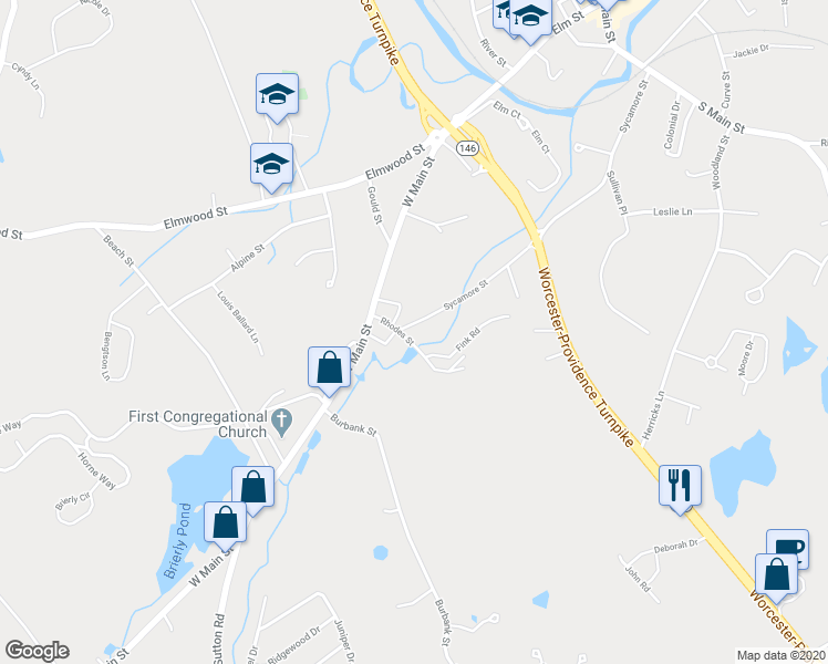 map of restaurants, bars, coffee shops, grocery stores, and more near 11A B Rhodes Street in Millbury