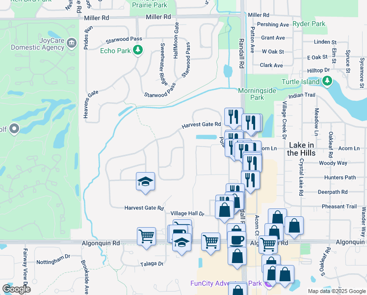 map of restaurants, bars, coffee shops, grocery stores, and more near 299 Rainmaker Run in Lake in the Hills