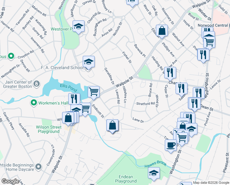 map of restaurants, bars, coffee shops, grocery stores, and more near 330 Walpole Street in Norwood