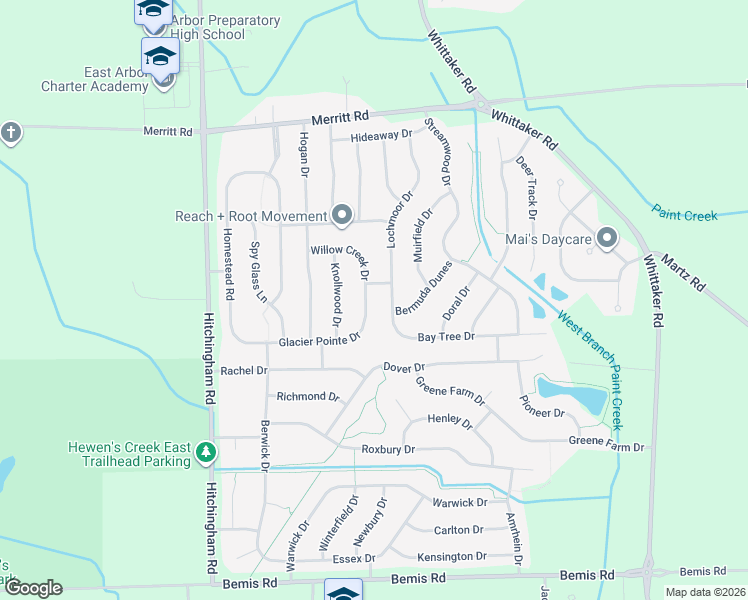 map of restaurants, bars, coffee shops, grocery stores, and more near 7451 Willow Creek Drive in Ypsilanti