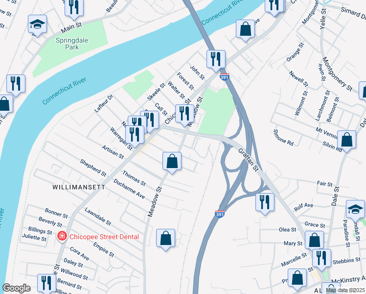 map of restaurants, bars, coffee shops, grocery stores, and more near 21 Caroline Street in Chicopee