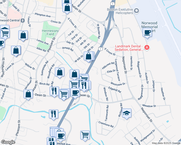 map of restaurants, bars, coffee shops, grocery stores, and more near 890 Providence Highway in Norwood