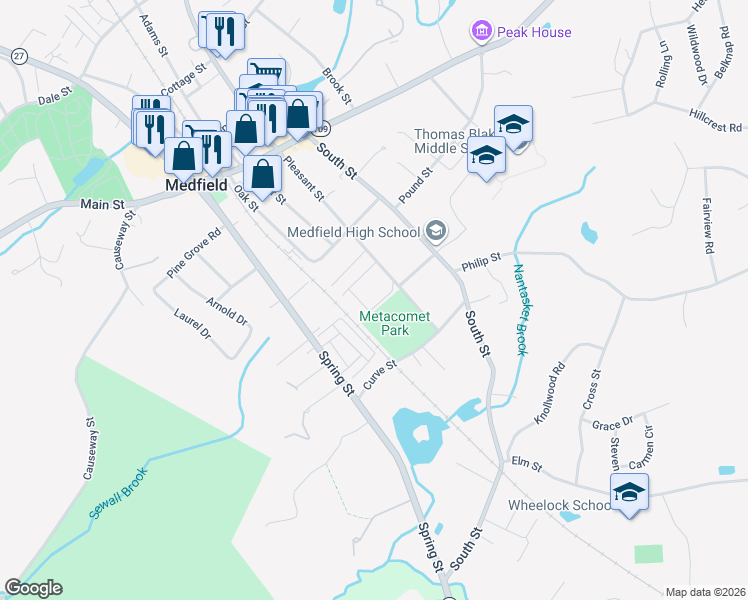 map of restaurants, bars, coffee shops, grocery stores, and more near 91 Pleasant Street in Medfield
