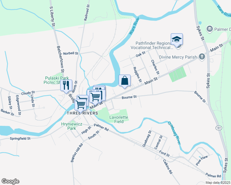 map of restaurants, bars, coffee shops, grocery stores, and more near 2094 Main Street in Palmer