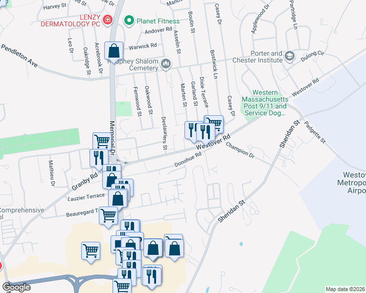 map of restaurants, bars, coffee shops, grocery stores, and more near 1687 Westover Road in Chicopee