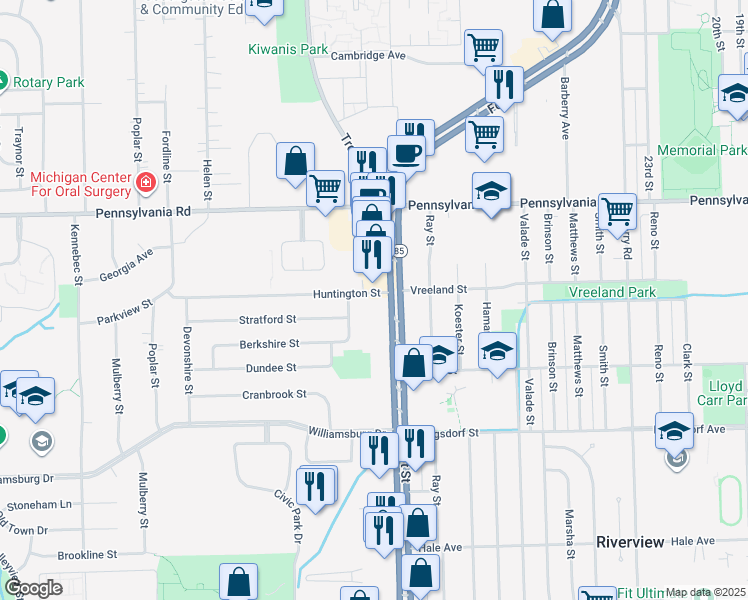 map of restaurants, bars, coffee shops, grocery stores, and more near 17400 Fort Street in Riverview
