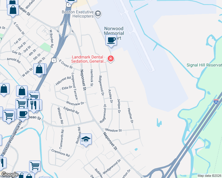 map of restaurants, bars, coffee shops, grocery stores, and more near 116 Azalea Drive in Norwood