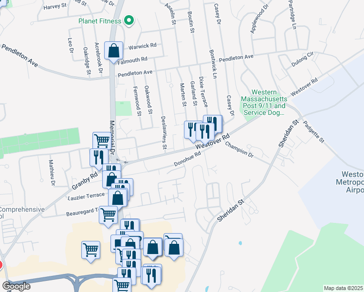 map of restaurants, bars, coffee shops, grocery stores, and more near 1687 Westover Road in Chicopee