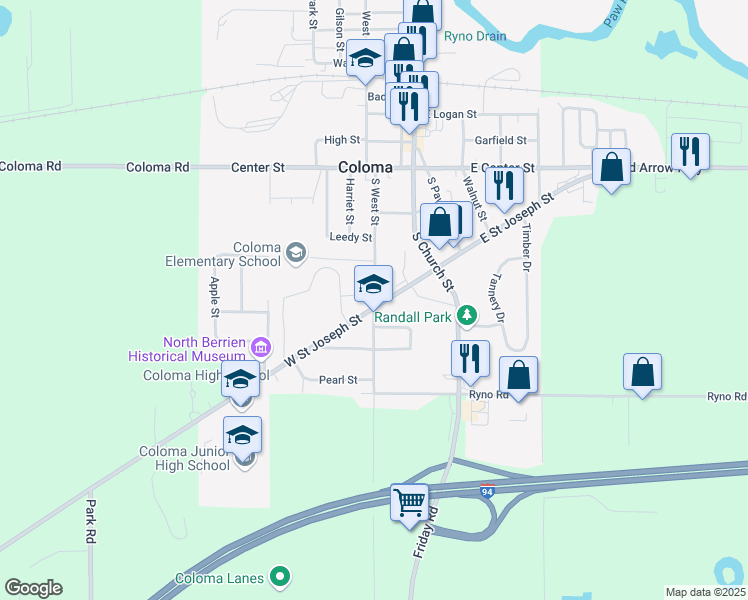 map of restaurants, bars, coffee shops, grocery stores, and more near 274 South West Street in Coloma