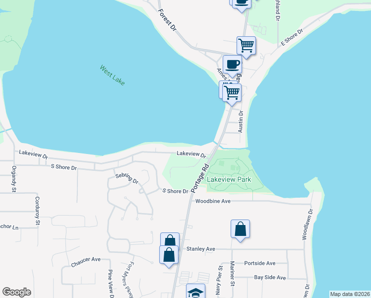 map of restaurants, bars, coffee shops, grocery stores, and more near 1849 Lakeview Drive in Portage