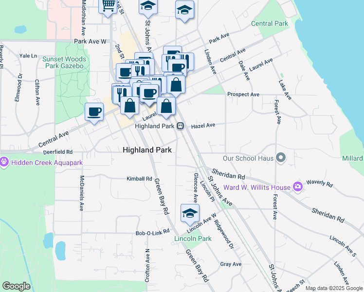 map of restaurants, bars, coffee shops, grocery stores, and more near 632 La Salle Place in Highland Park