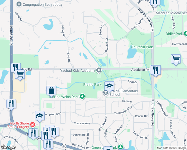 map of restaurants, bars, coffee shops, grocery stores, and more near 701 West Aptakisic Road in Buffalo Grove