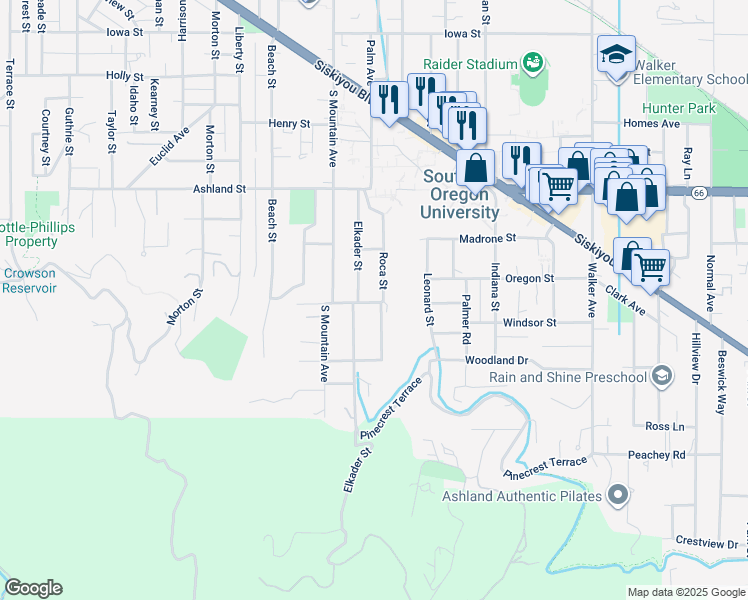 map of restaurants, bars, coffee shops, grocery stores, and more near 766 Roca Street in Ashland