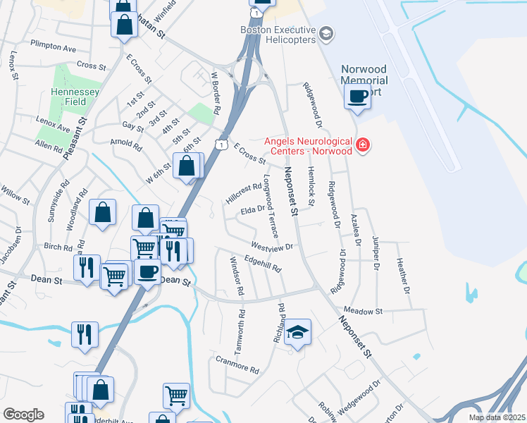 map of restaurants, bars, coffee shops, grocery stores, and more near 8 Elda Drive in Norwood