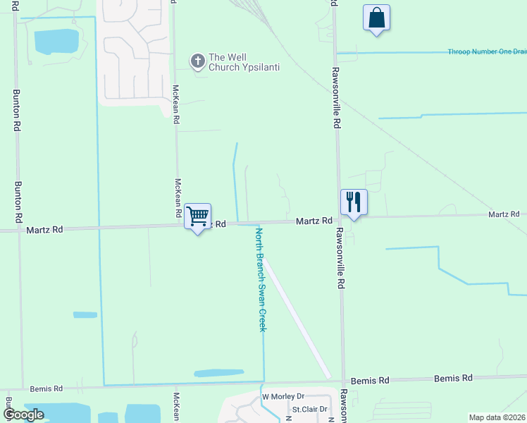 map of restaurants, bars, coffee shops, grocery stores, and more near 10733 Martz Road in Ypsilanti