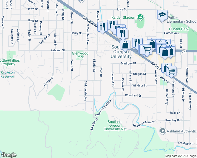 map of restaurants, bars, coffee shops, grocery stores, and more near 766 Roca Street in Ashland