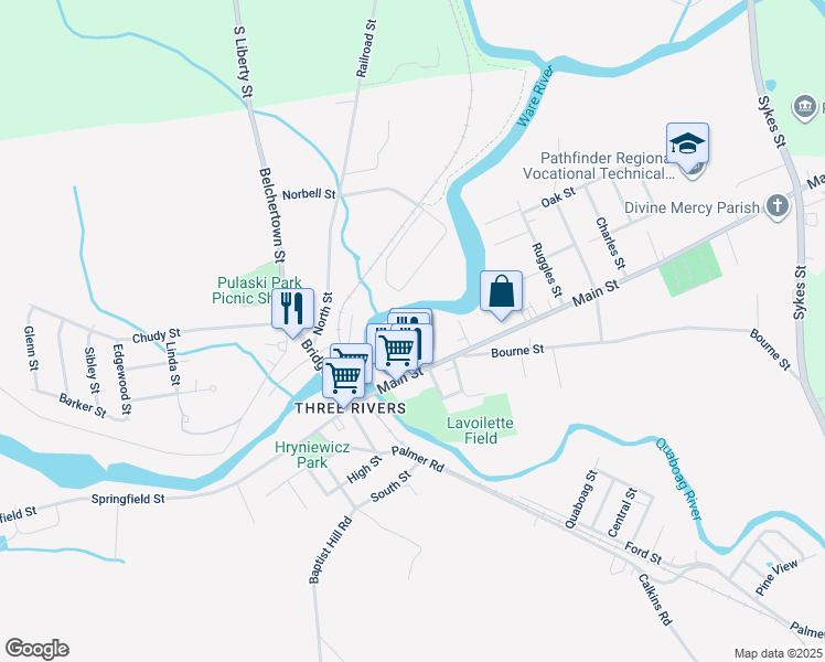 map of restaurants, bars, coffee shops, grocery stores, and more near 13 Lariviere Avenue in Palmer