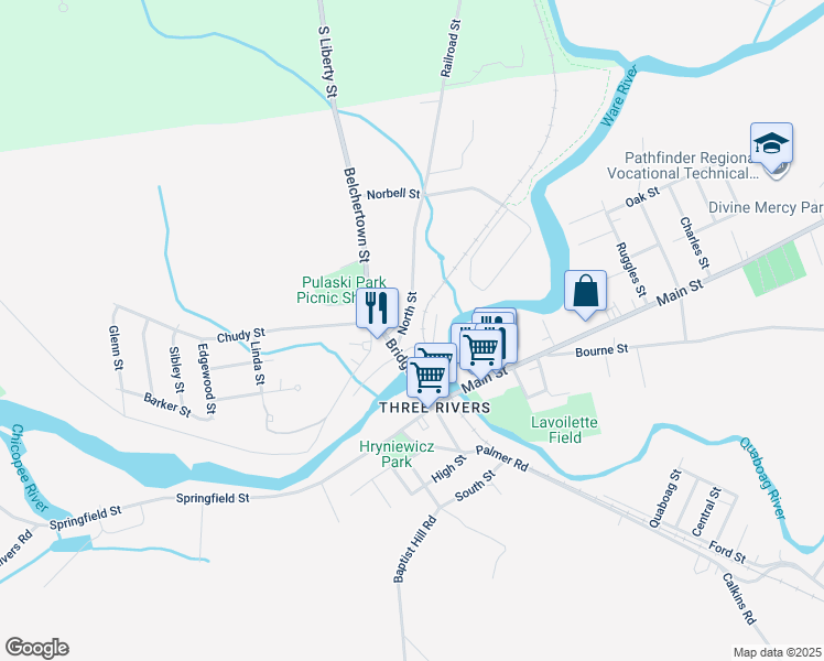map of restaurants, bars, coffee shops, grocery stores, and more near 2033 Bridge Street in Palmer
