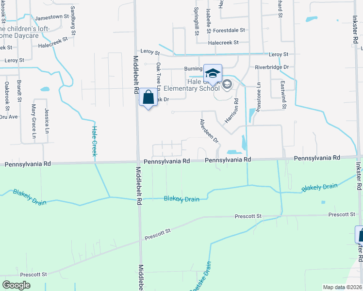map of restaurants, bars, coffee shops, grocery stores, and more near 28816 Whitby Drive in Romulus