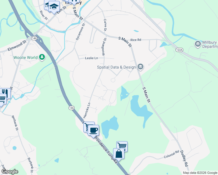 map of restaurants, bars, coffee shops, grocery stores, and more near 21 Jessica J Drive in Millbury