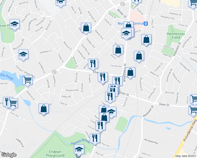 map of restaurants, bars, coffee shops, grocery stores, and more near 37 Melville Avenue in Norwood