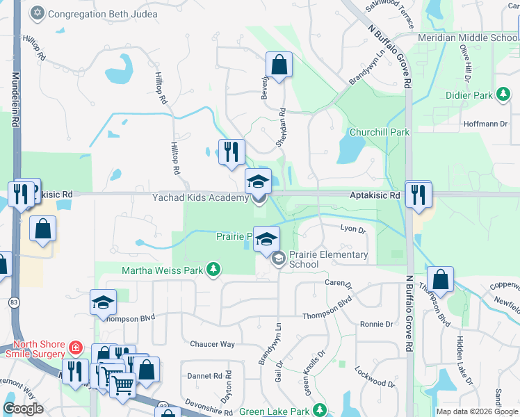 map of restaurants, bars, coffee shops, grocery stores, and more near 701 West Aptakisic Road in Buffalo Grove