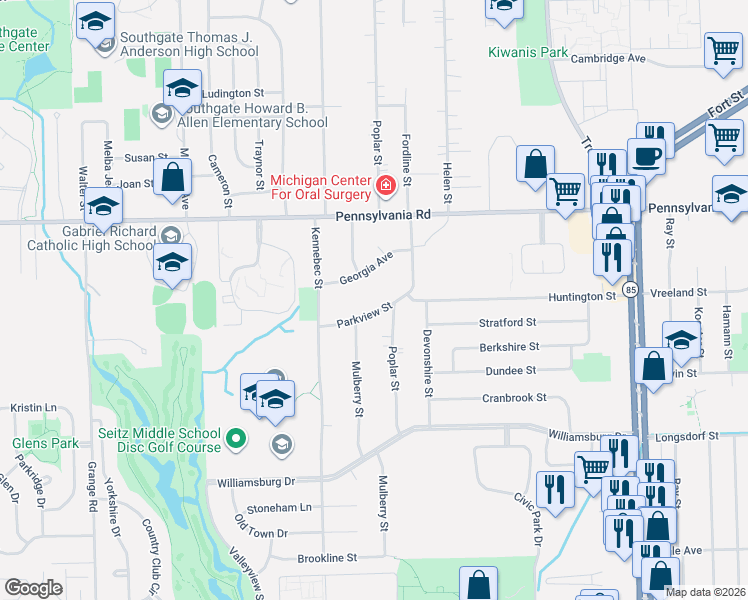 map of restaurants, bars, coffee shops, grocery stores, and more near 14647 Parkview Street in Riverview