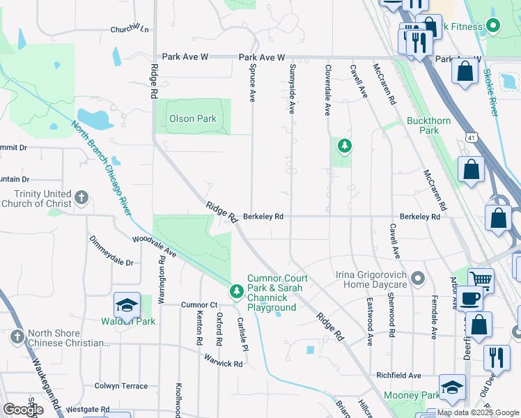 map of restaurants, bars, coffee shops, grocery stores, and more near 1950 Berkeley Road in Highland Park