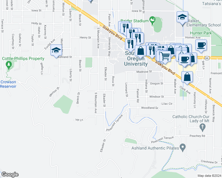 map of restaurants, bars, coffee shops, grocery stores, and more near 735 Roca Street in Ashland