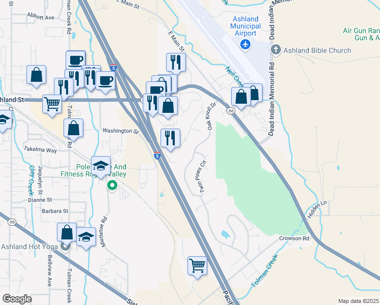map of restaurants, bars, coffee shops, grocery stores, and more near 735 Oak Knoll Drive in Ashland