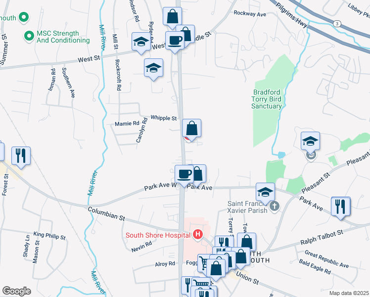 map of restaurants, bars, coffee shops, grocery stores, and more near 714 Main Street in Weymouth