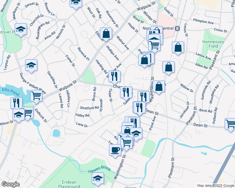 map of restaurants, bars, coffee shops, grocery stores, and more near 36 Melville Avenue in Norwood