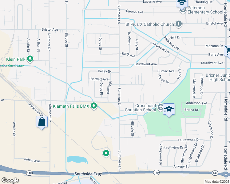 map of restaurants, bars, coffee shops, grocery stores, and more near 4043 Anderson Avenue in Klamath Falls