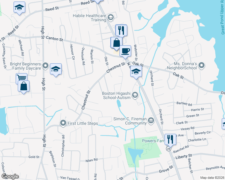 map of restaurants, bars, coffee shops, grocery stores, and more near 26 Decota Drive in Randolph
