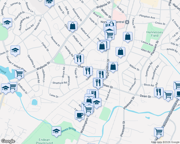 map of restaurants, bars, coffee shops, grocery stores, and more near 38 Savin Avenue in Norwood