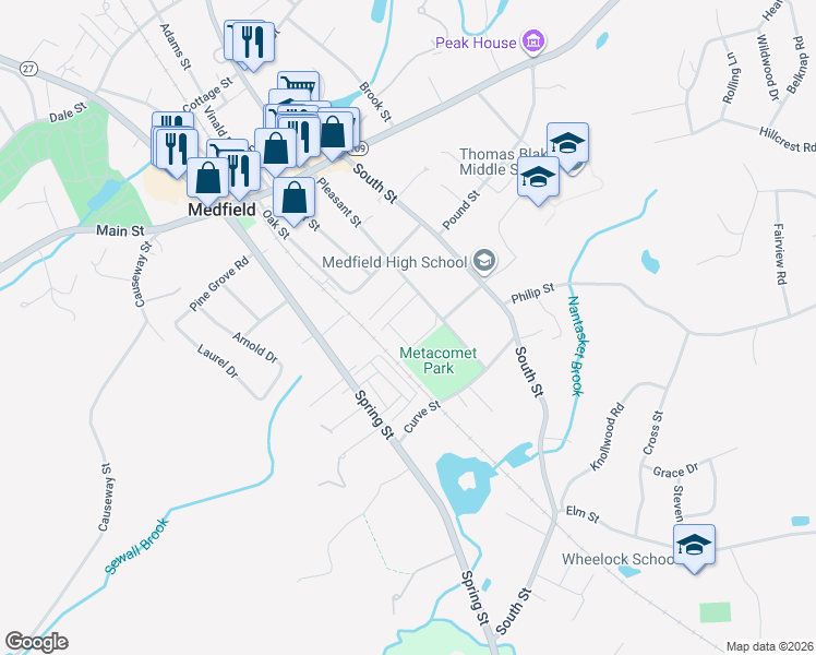 map of restaurants, bars, coffee shops, grocery stores, and more near 91 Pleasant Street in Medfield