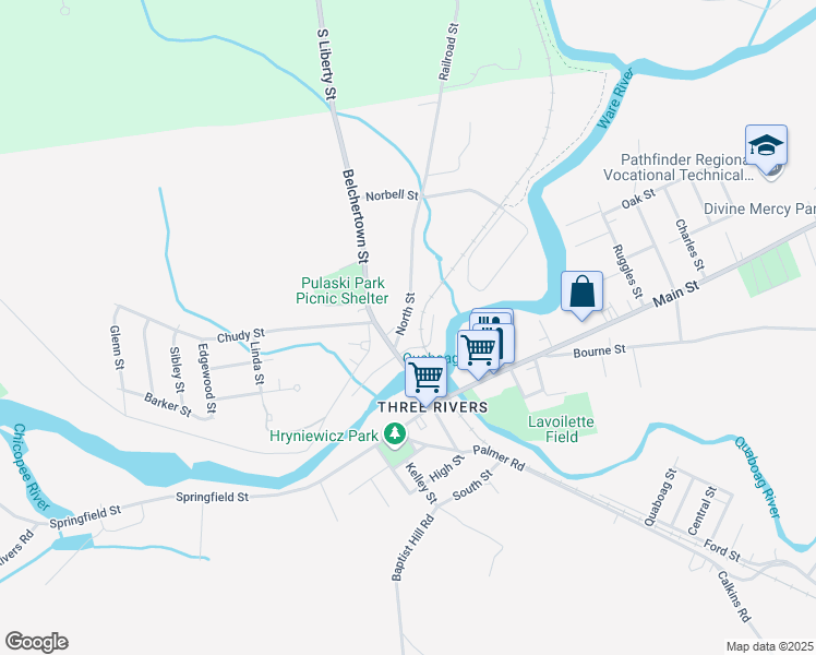 map of restaurants, bars, coffee shops, grocery stores, and more near 2033 Bridge Street in Palmer