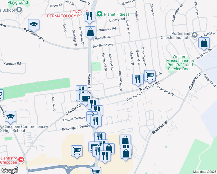 map of restaurants, bars, coffee shops, grocery stores, and more near 1612 Westover Road in Chicopee