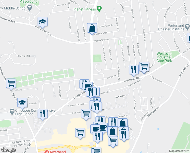 map of restaurants, bars, coffee shops, grocery stores, and more near 871 Memorial Drive in Chicopee