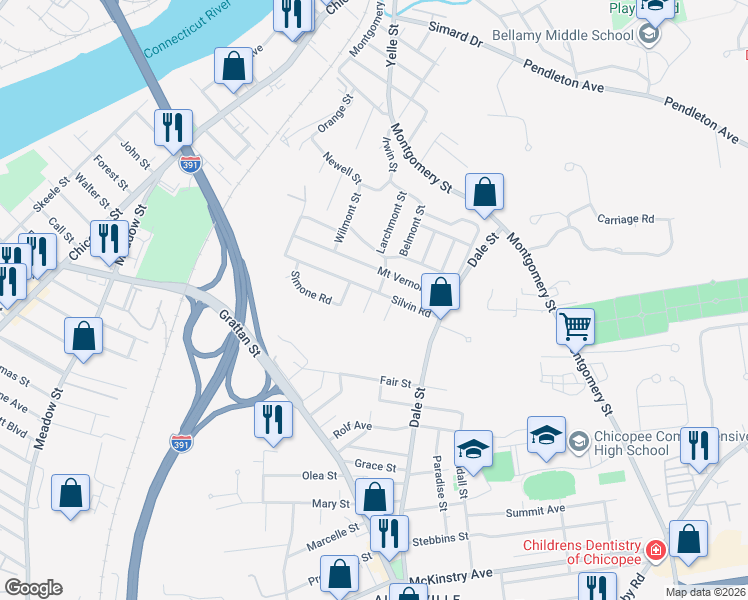 map of restaurants, bars, coffee shops, grocery stores, and more near 27 Janine Street in Chicopee
