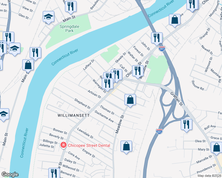 map of restaurants, bars, coffee shops, grocery stores, and more near 11 Saint Anthony Street in Chicopee