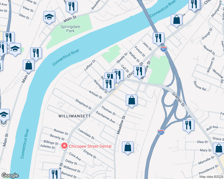 map of restaurants, bars, coffee shops, grocery stores, and more near 11 Saint Anthony Street in Chicopee