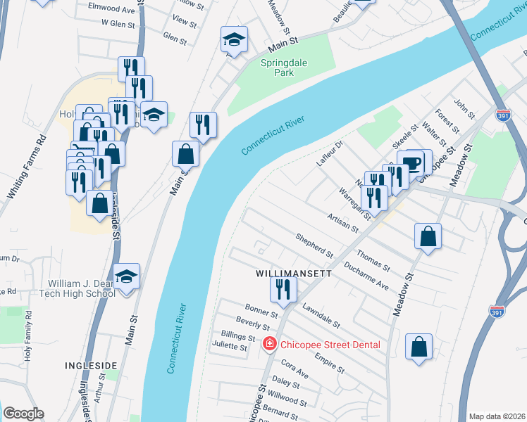map of restaurants, bars, coffee shops, grocery stores, and more near 260 Narragansett Boulevard in Chicopee