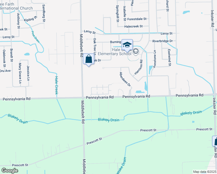 map of restaurants, bars, coffee shops, grocery stores, and more near 28816 Whitby Drive in Romulus
