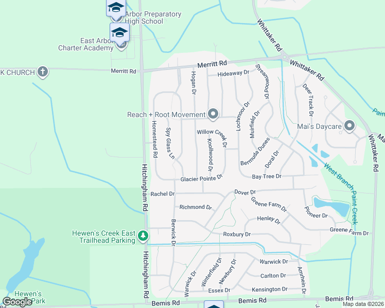 map of restaurants, bars, coffee shops, grocery stores, and more near 7430 Hogan Drive in Ypsilanti