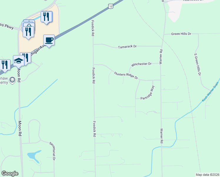 map of restaurants, bars, coffee shops, grocery stores, and more near 7239 Hunter Ridge Court in Saline
