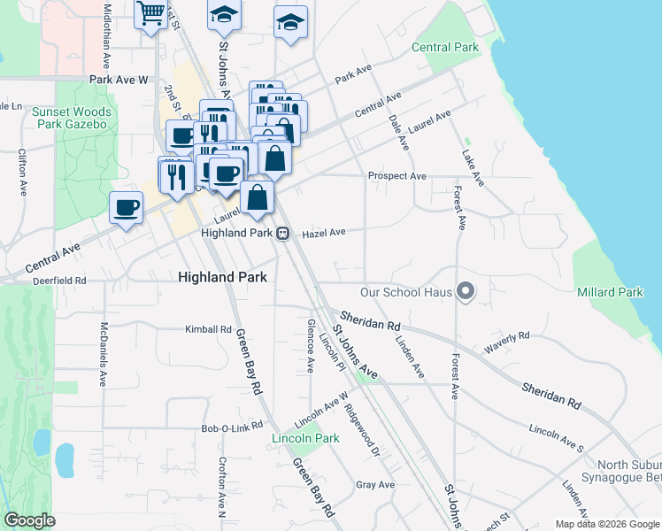 map of restaurants, bars, coffee shops, grocery stores, and more near 511 Ravine Drive in Highland Park
