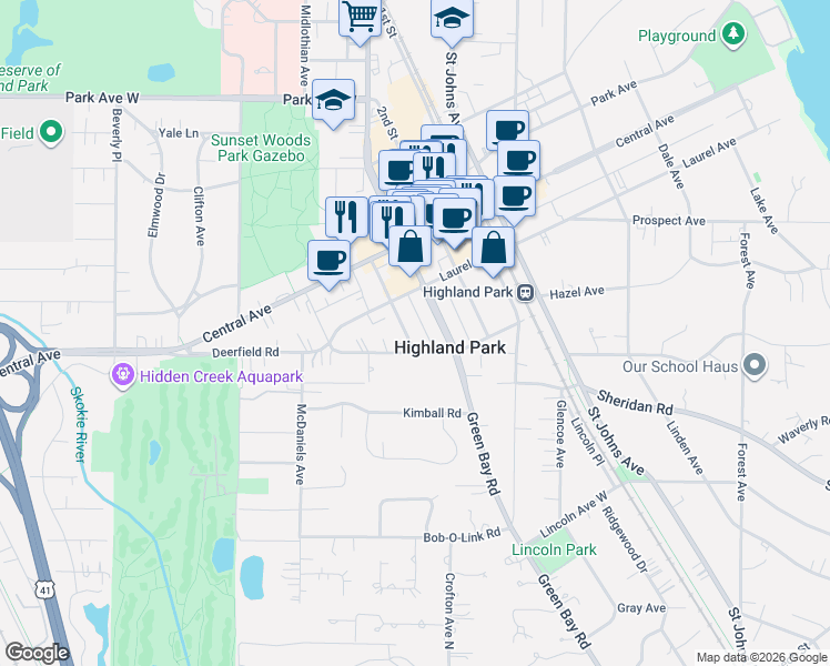 map of restaurants, bars, coffee shops, grocery stores, and more near in Highland Park