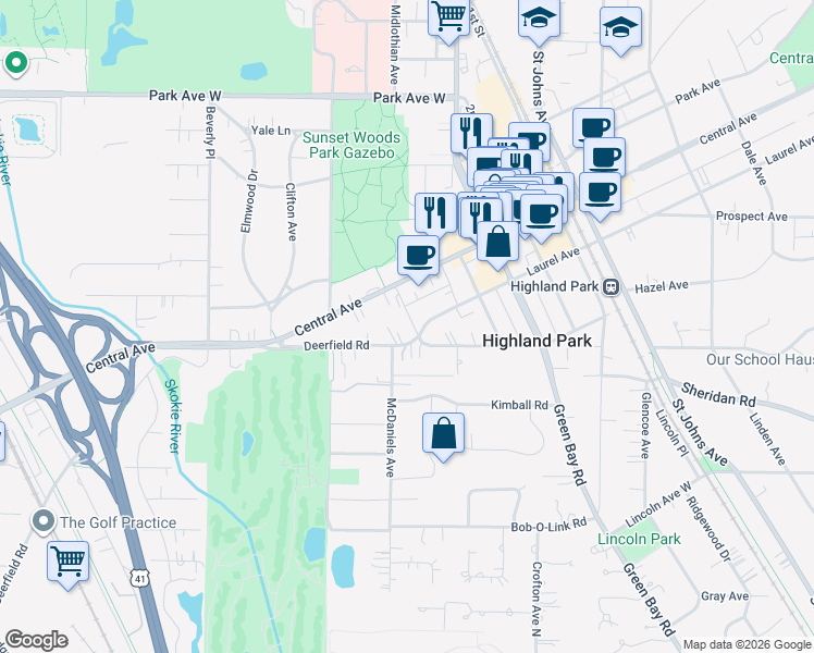 map of restaurants, bars, coffee shops, grocery stores, and more near 898 Deerfield Road in Highland Park